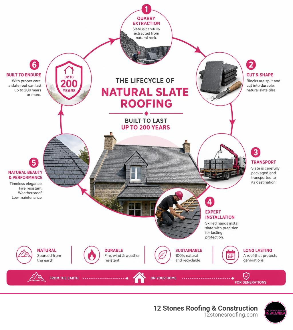 Infographic showing the lifecycle of natural slate roofing from quarry extraction to installation to 200-year lifespan