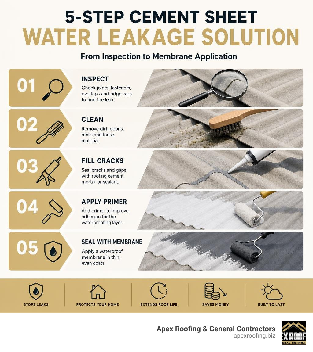 Infographic showing 5-step cement sheet water leakage solution process from inspection to membrane application infographic