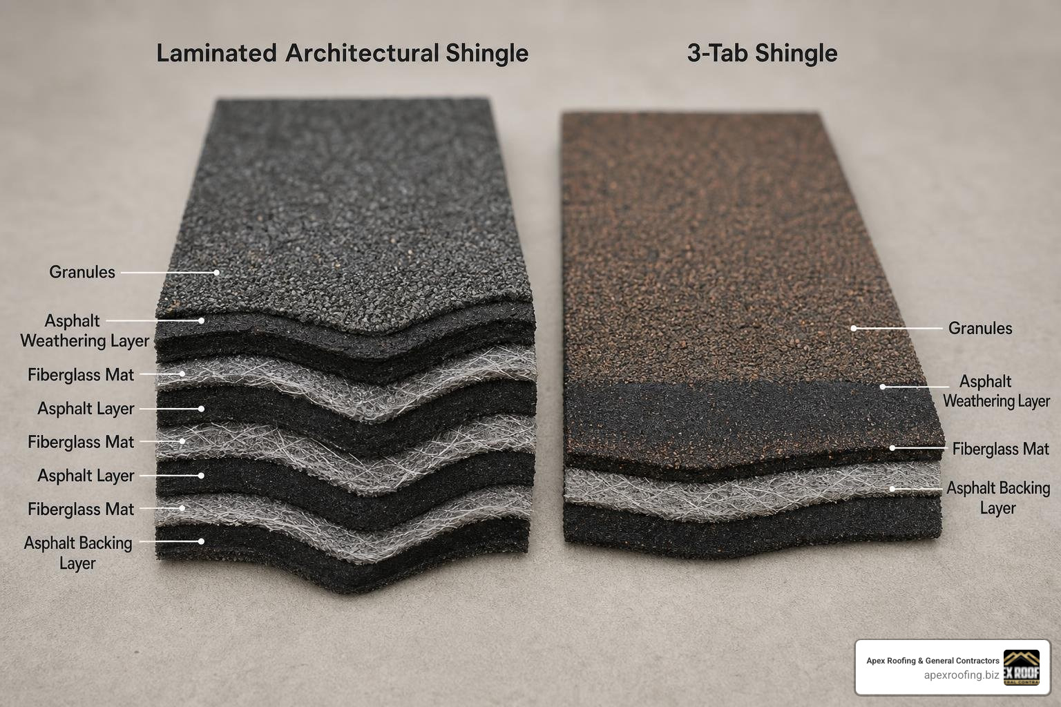 Comparing 3-tab and laminated shingles structure
