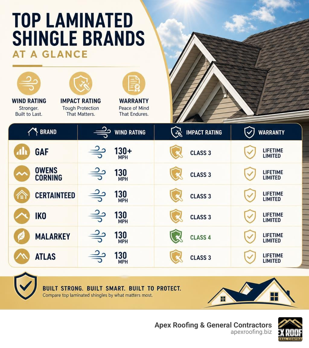 Infographic comparing top laminated shingle brands by wind rating, impact rating, and warranty infographic
