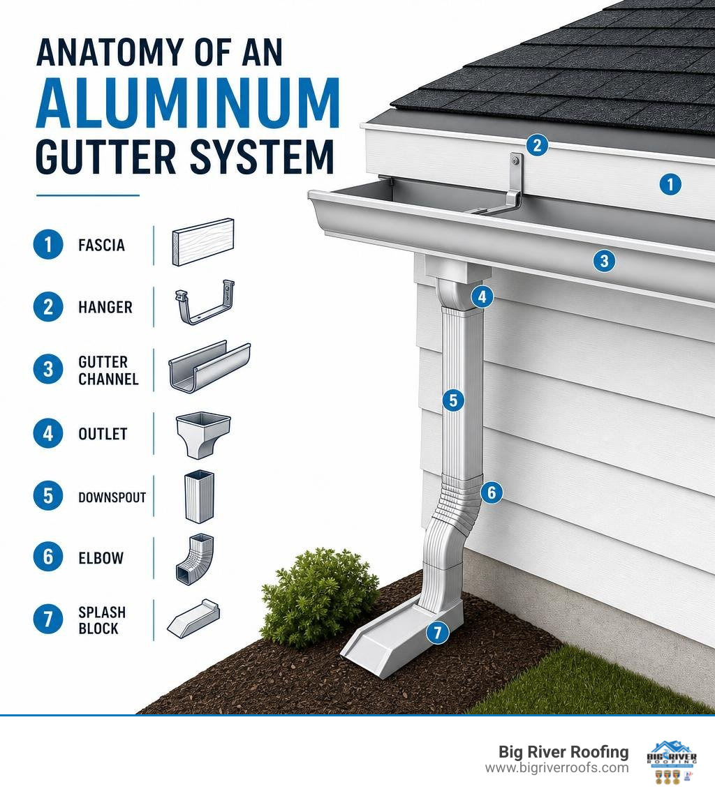Anatomy of an aluminum gutter system showing components: fascia, hanger, gutter channel, outlet, downspout, elbow, and