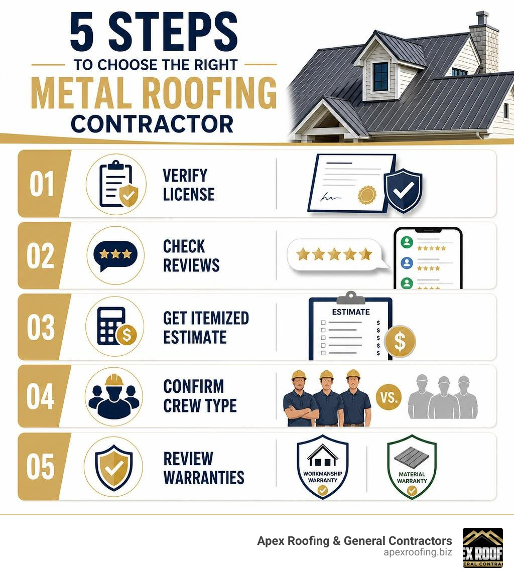 Infographic showing 5 steps to choose a metal roofing contractor: verify license, check reviews, get itemized estimate Infographic showing 5 steps to choose a metal roofing contractor: verify license, check reviews, get itemized estimate