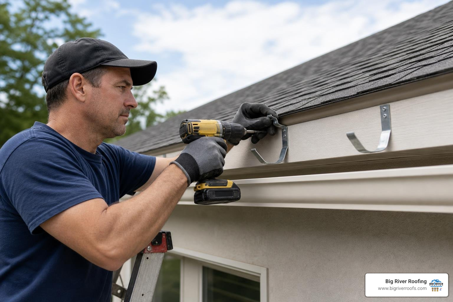 contractor securing a gutter hanger