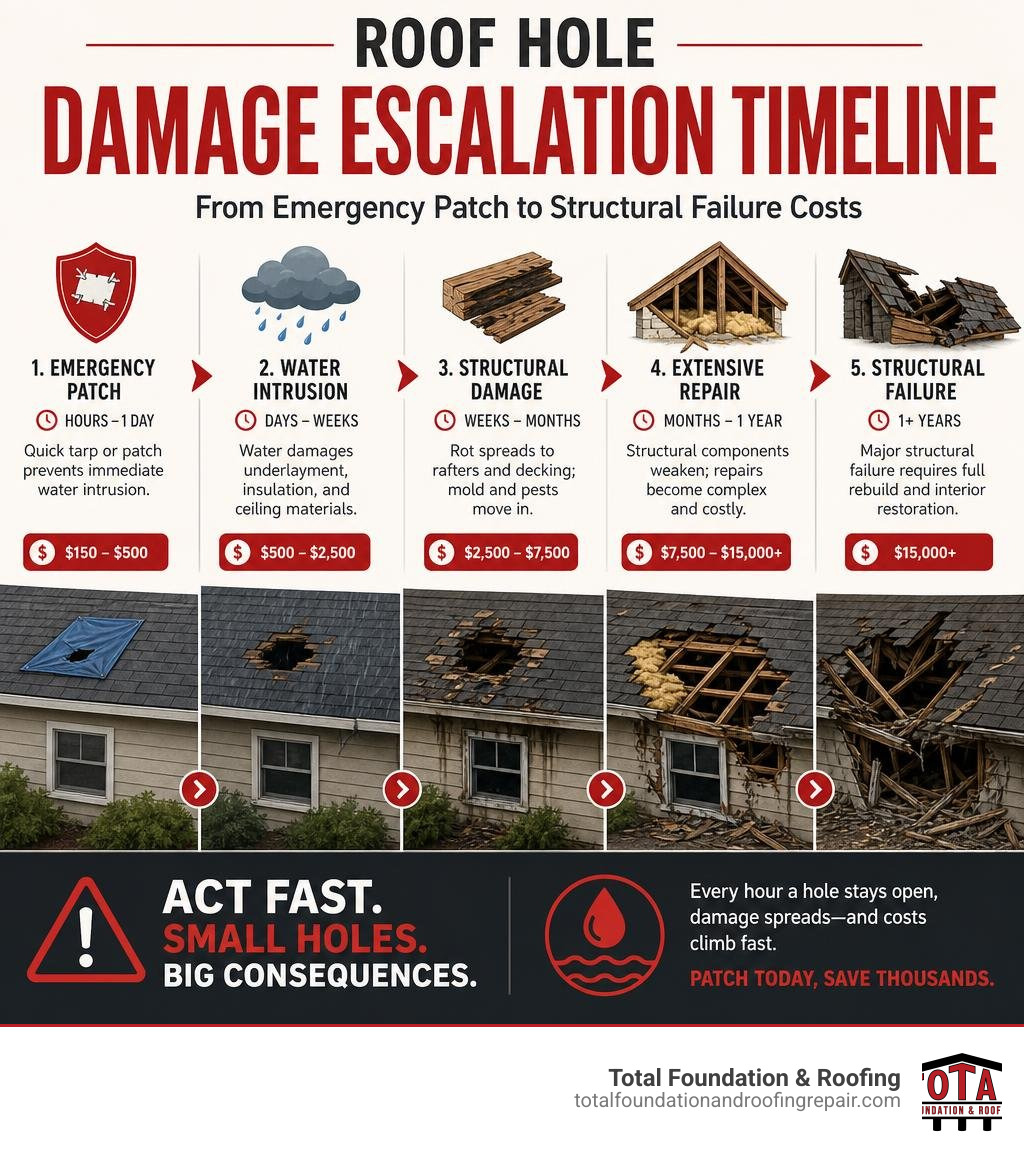 Infographic showing roof hole damage escalation timeline from emergency patch to structural failure costs infographic Infographic showing roof hole damage escalation timeline from emergency patch to structural failure costs infographic