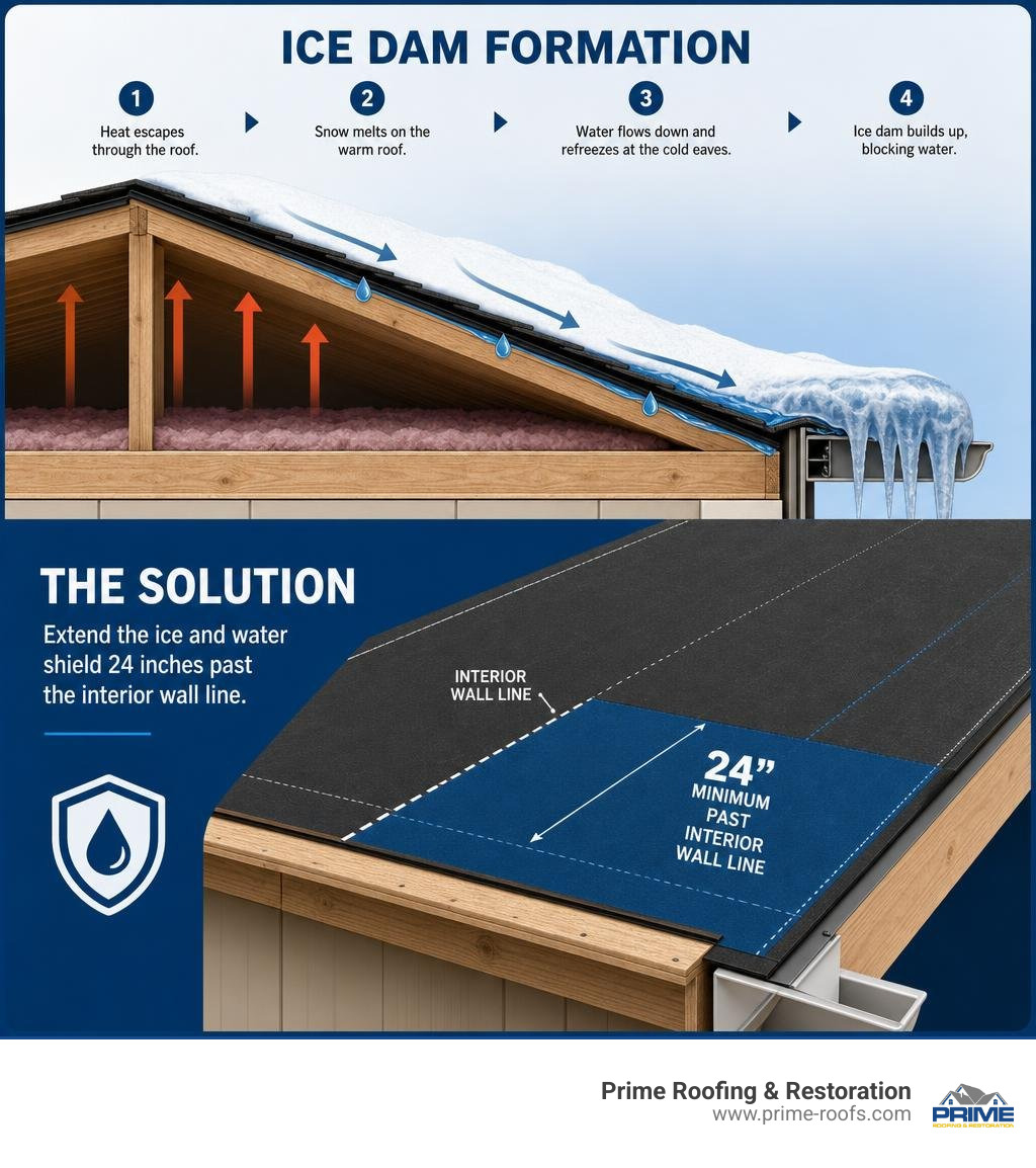 Infographic showing ice dam formation and how WeatherLock barrier extends 24 inches past interior wall line infographic