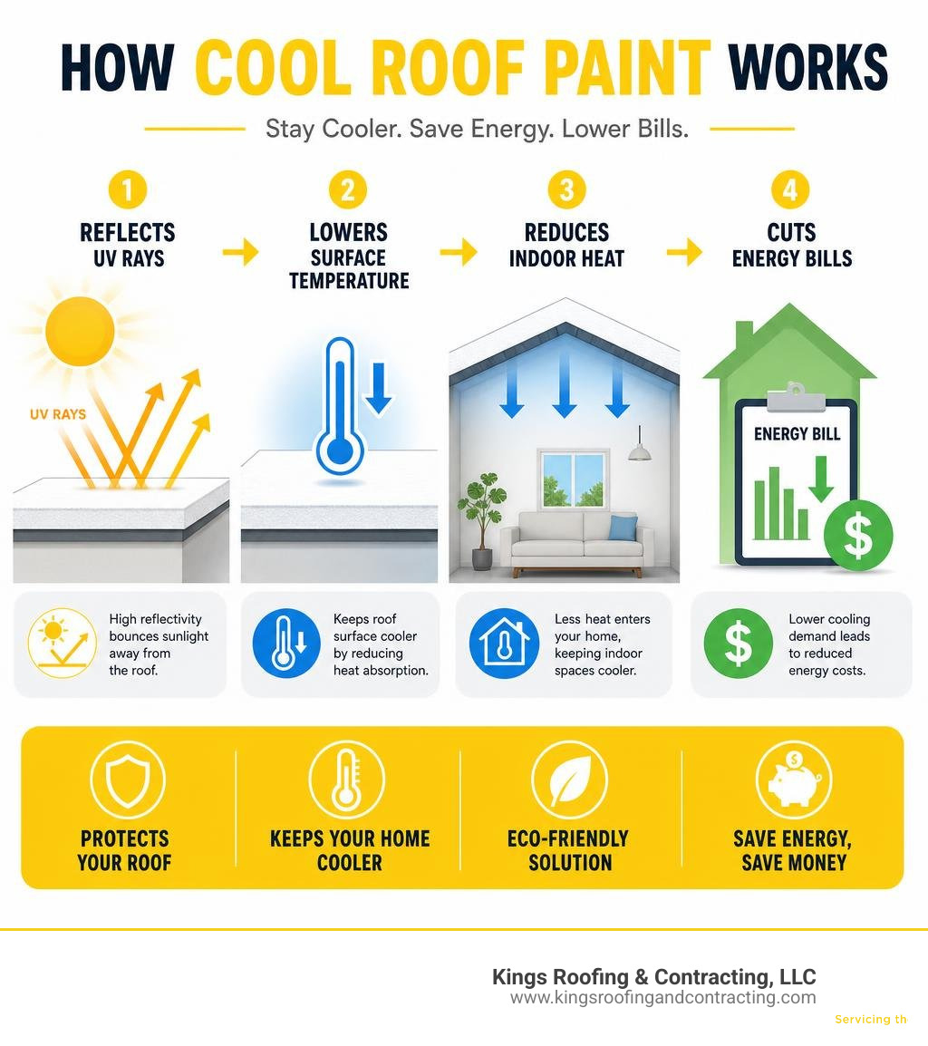 Infographic showing how cool roof paint works: reflects UV rays, lowers surface temperature, reduces indoor heat, cuts Infographic showing how cool roof paint works: reflects UV rays, lowers surface temperature, reduces indoor heat, cuts
