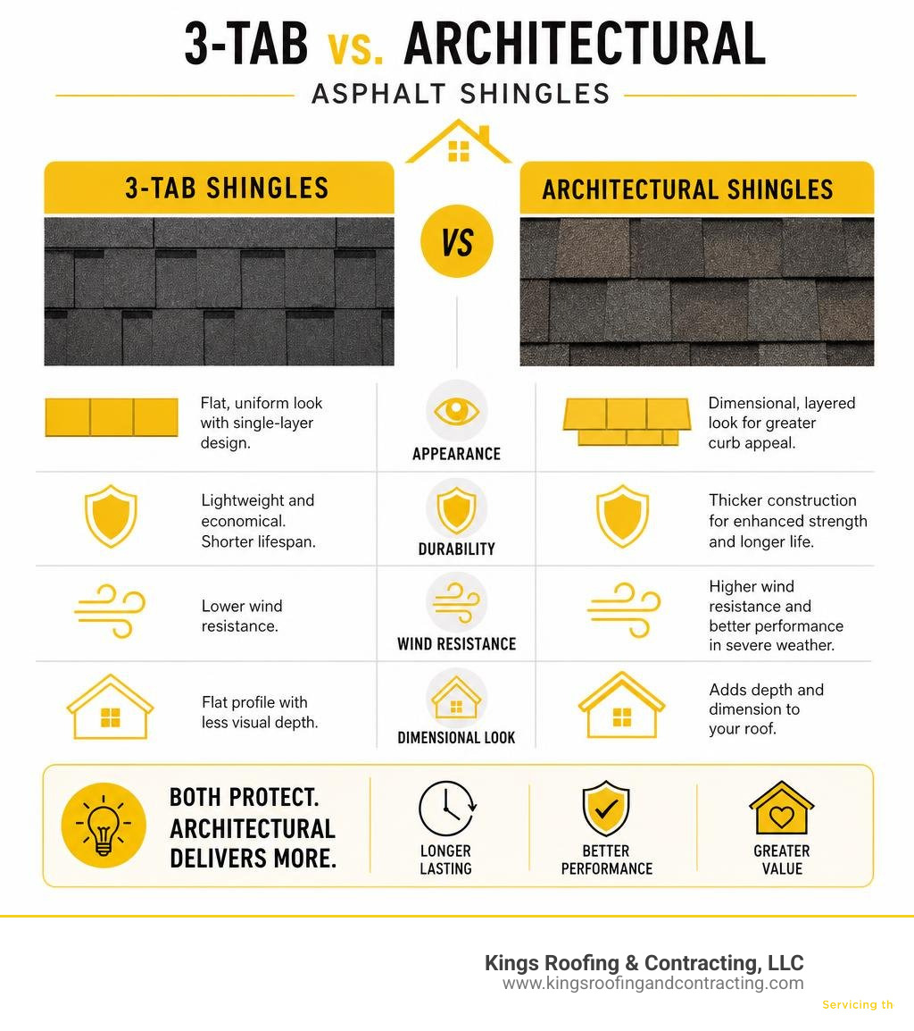 Infographic detailing the differences between standard 3-tab and architectural asphalt shingles infographic Infographic detailing the differences between standard 3-tab and architectural asphalt shingles infographic