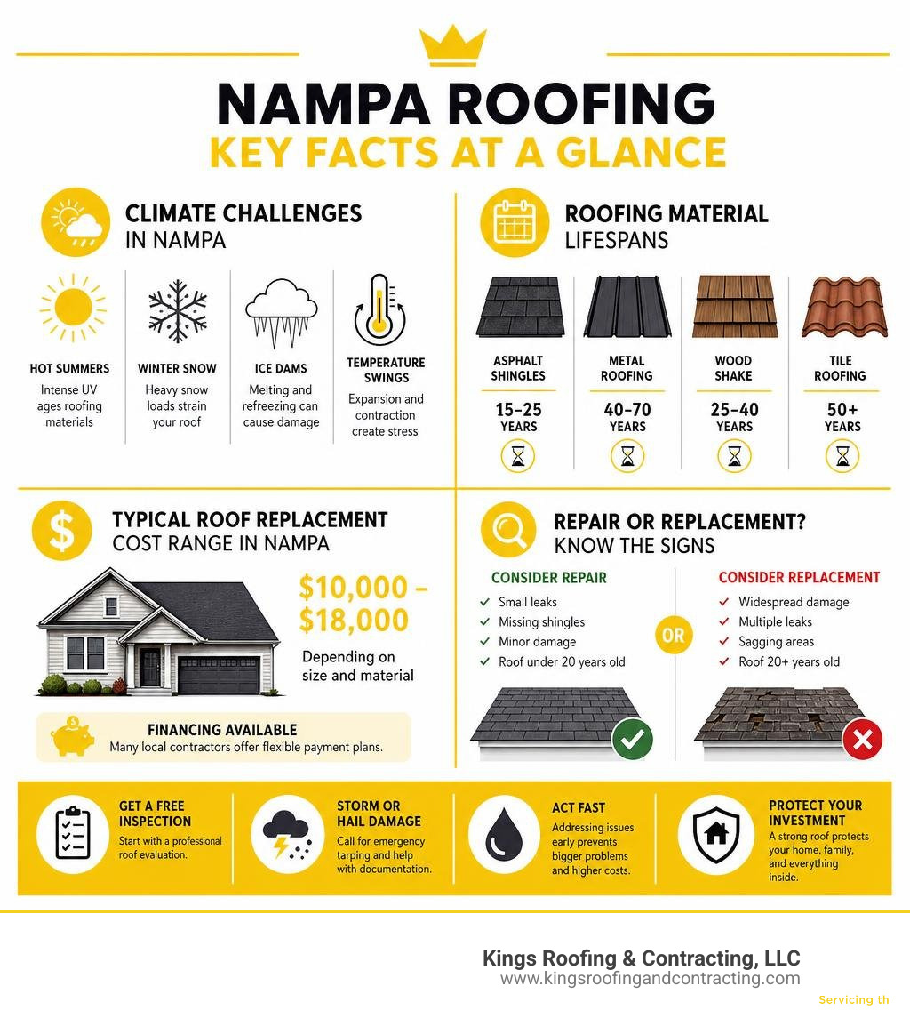 Infographic showing key Nampa roofing facts: climate challenges, material lifespans, cost ranges, and signs you need repair Infographic showing key Nampa roofing facts: climate challenges, material lifespans, cost ranges, and signs you need repair
