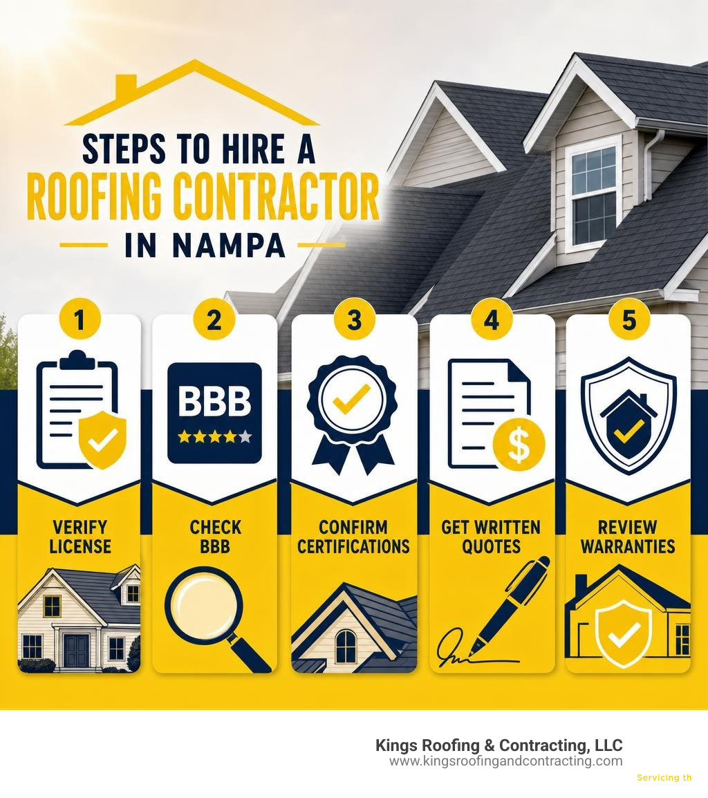 Steps to hire a roofing contractor in Nampa: verify license, check BBB, confirm certifications, get written quotes, review Steps to hire a roofing contractor in Nampa: verify license, check BBB, confirm certifications, get written quotes, review
