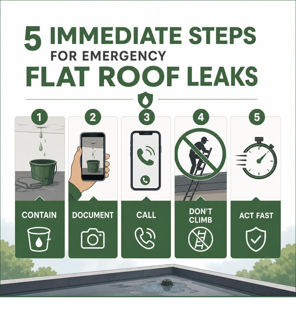 Infographic: 5 immediate steps for emergency flat roof leaks — contain, document, call, don't climb, act fast infographic Infographic: 5 immediate steps for emergency flat roof leaks — contain, document, call, don't climb, act fast infographic