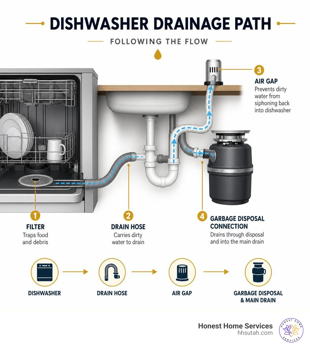 Dishwasher drainage path infographic showing filter, drain hose, air gap, and garbage disposal connection infographic Dishwasher drainage path infographic showing filter, drain hose, air gap, and garbage disposal connection infographic