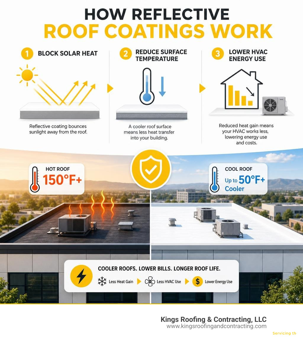 Infographic showing how reflective roof coatings block solar heat, reduce surface temperature, and lower HVAC energy use Infographic showing how reflective roof coatings block solar heat, reduce surface temperature, and lower HVAC energy use