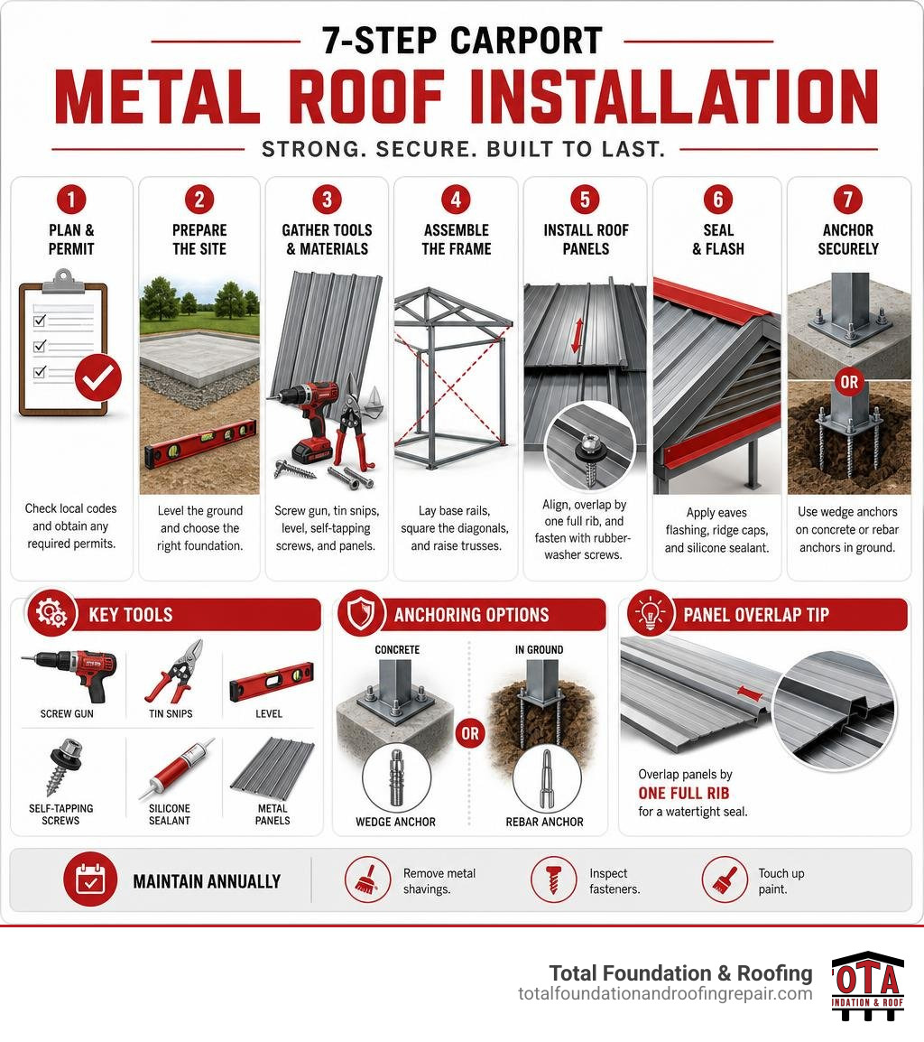 Infographic showing 7-step carport metal roof installation process with key tools, anchoring types, and panel overlap tips Infographic showing 7-step carport metal roof installation process with key tools, anchoring types, and panel overlap tips