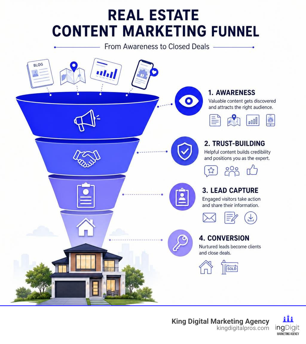 Real estate content marketing funnel showing awareness, trust-building, lead capture, and conversion stages infographic Real Estate Content Marketing Funnel Showing Awareness, Trust-Building, Lead Capture, And Conversion Stages Infographic