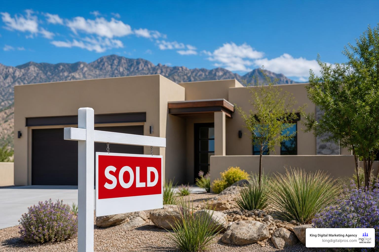Modern home in New Mexico with a sold sign, illustrating the power of local real estate content Modern Home In New Mexico With A Sold Sign, Illustrating The Power Of Local Real Estate Content