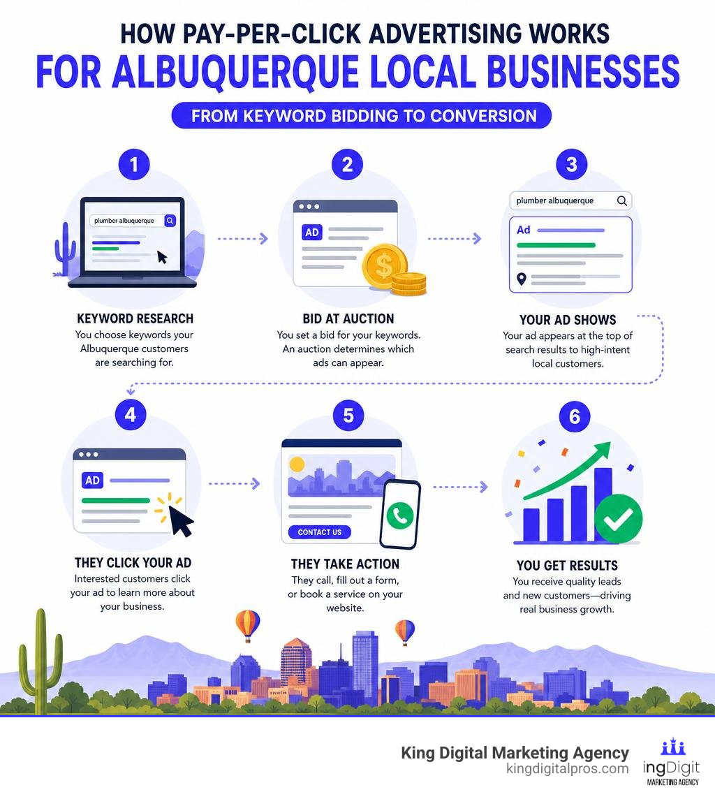 How pay-per-click advertising works for Albuquerque local businesses - from keyword bidding to conversion infographic How Pay-Per-Click Advertising Works For Albuquerque Local Businesses - From Keyword Bidding To Conversion Infographic
