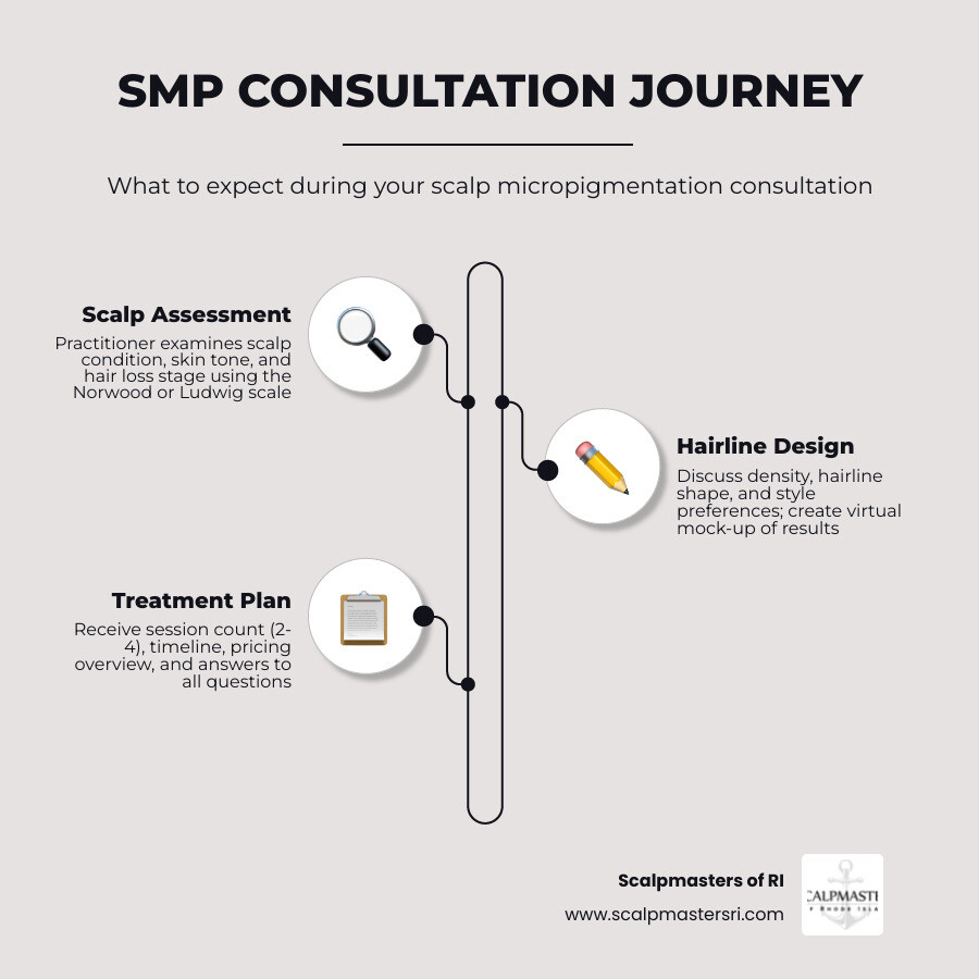 Step-by-step SMP consultation journey infographic showing assessment, design, treatment plan, and booking infographic Step-by-step SMP consultation journey infographic showing assessment, design, treatment plan, and booking infographic