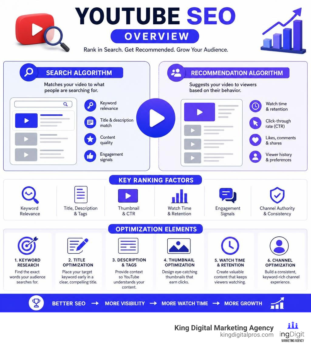 YouTube SEO overview infographic showing search vs recommendation algorithm, key ranking factors, and optimization elements Youtube Seo Overview Infographic Showing Search Vs Recommendation Algorithm, Key Ranking Factors, And Optimization Elements