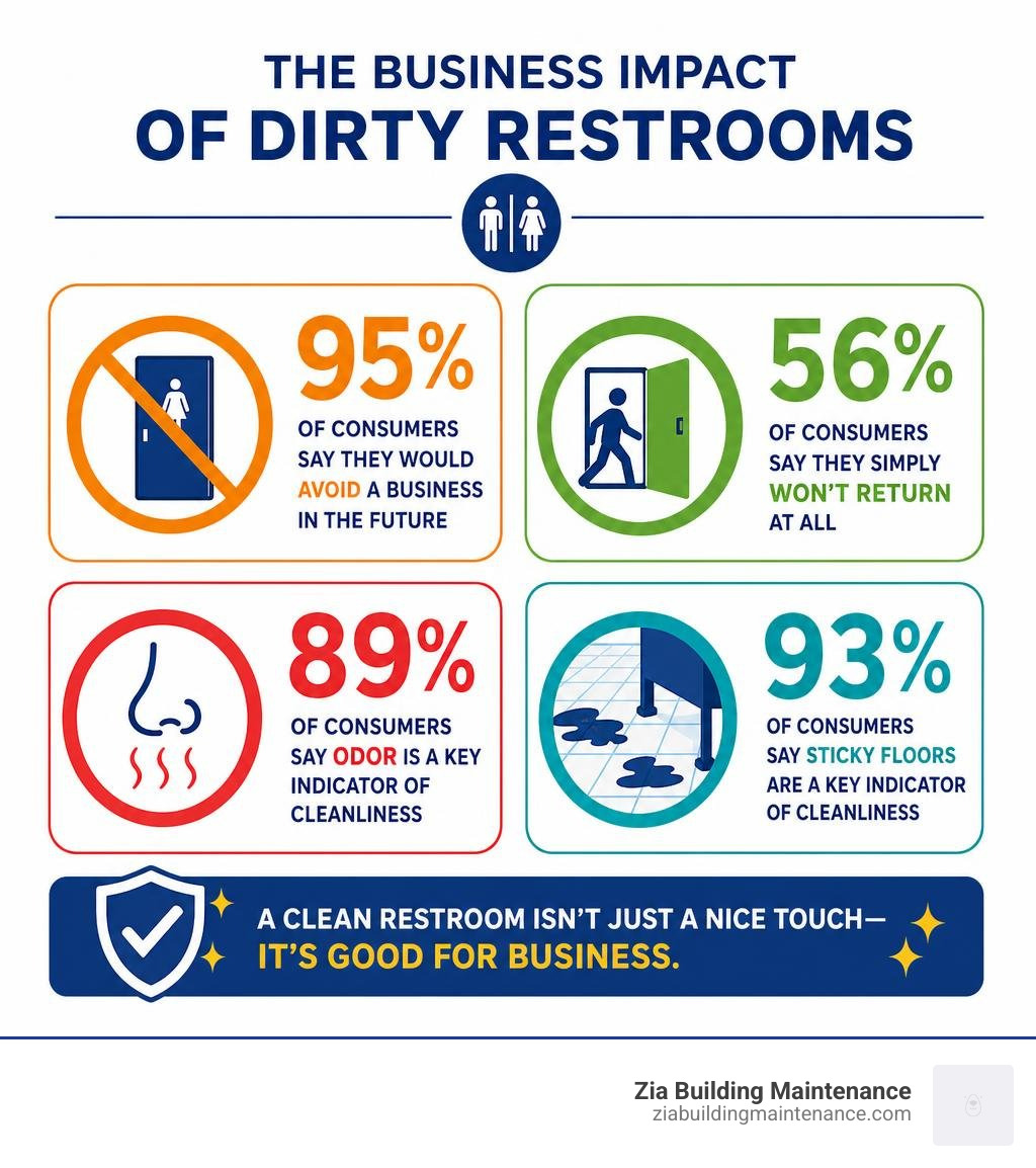 Infographic showing business impact of dirty restrooms: 95% consumer avoidance, 56% non-return rate, 89% odor as cleanliness Infographic showing business impact of dirty restrooms: 95% consumer avoidance, 56% non-return rate, 89% odor as cleanliness