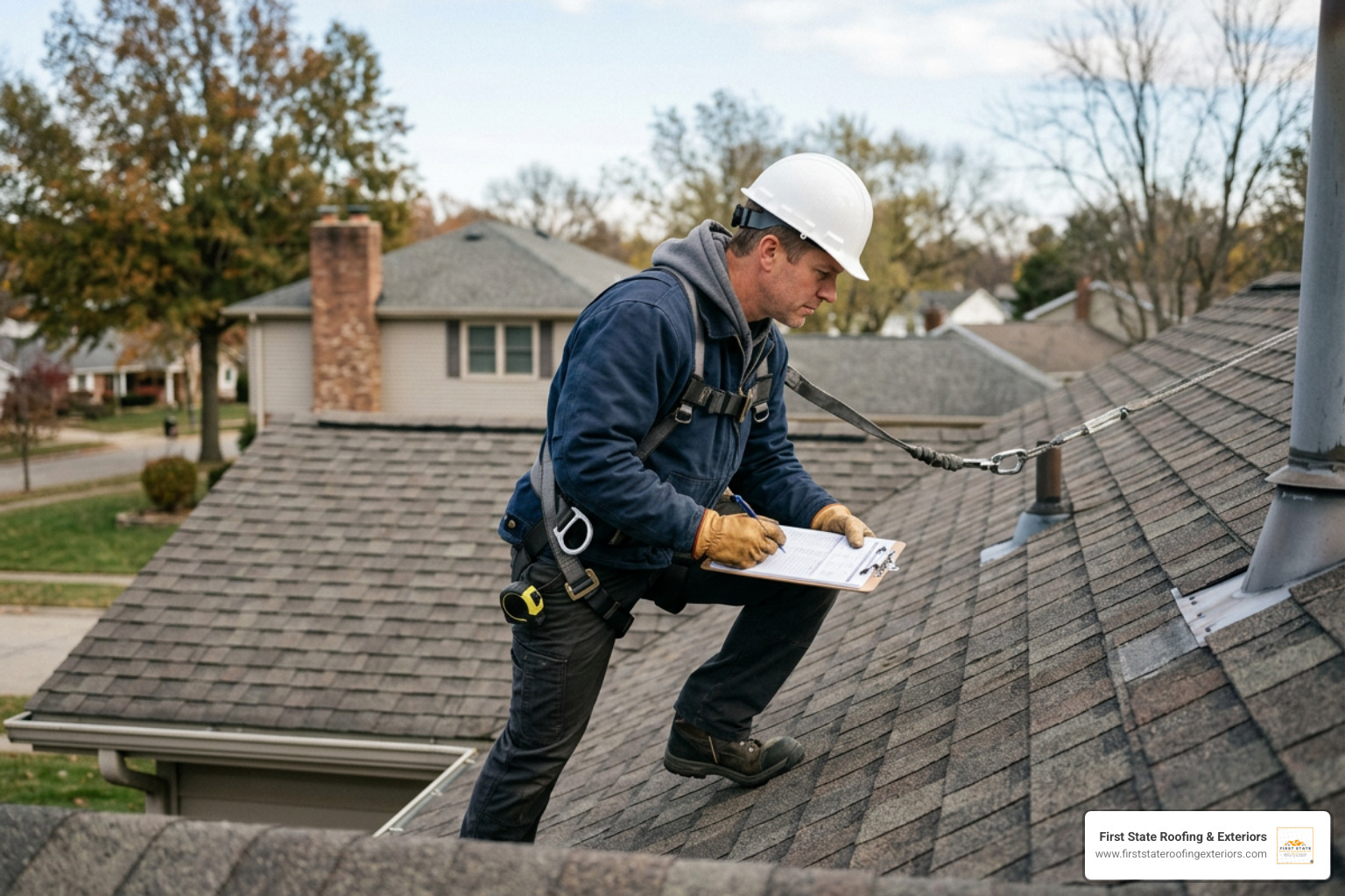 certified roofing contractor wearing safety harness inspecting a roof certified roofing contractor wearing safety harness inspecting a roof