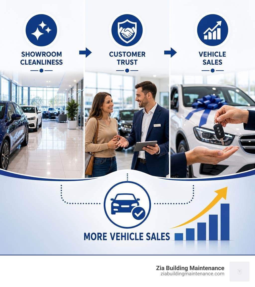 Infographic showing connection between showroom cleanliness, customer trust, and vehicle sales infographic Infographic showing connection between showroom cleanliness, customer trust, and vehicle sales infographic