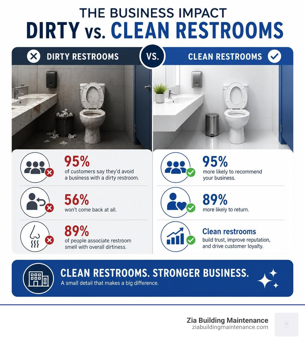 Infographic showing business impact statistics of dirty vs. clean commercial restrooms infographic Infographic showing business impact statistics of dirty vs. clean commercial restrooms infographic