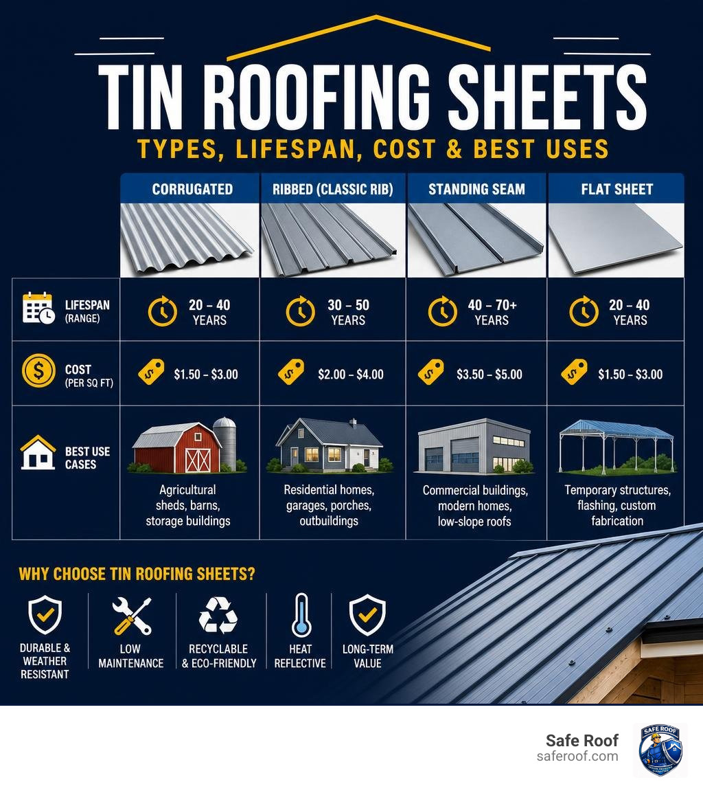 Infographic showing tin roofing sheet types, lifespan ranges, cost per sq ft, and best use cases infographic Infographic showing tin roofing sheet types, lifespan ranges, cost per sq ft, and best use cases infographic