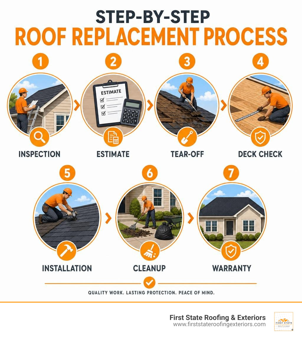 Step-by-step roof replacement process infographic: inspection, estimate, tear-off, deck check, installation, cleanup Step-by-step roof replacement process infographic: inspection, estimate, tear-off, deck check, installation, cleanup