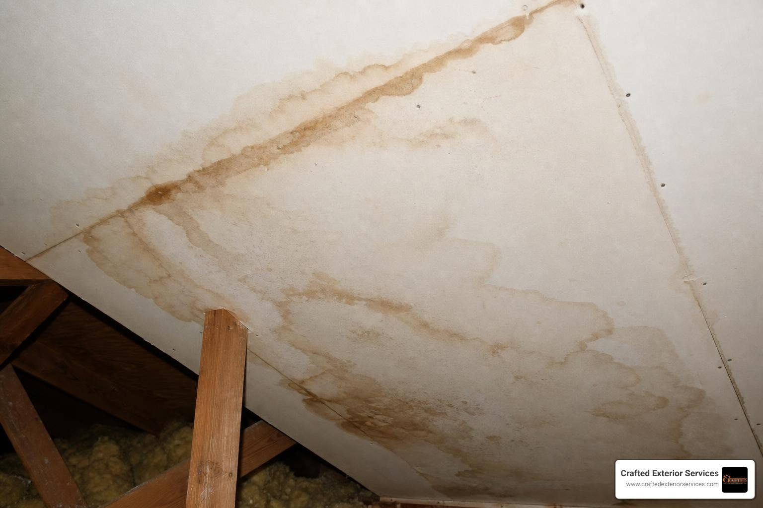 water stains on an attic ceiling from a roof leak