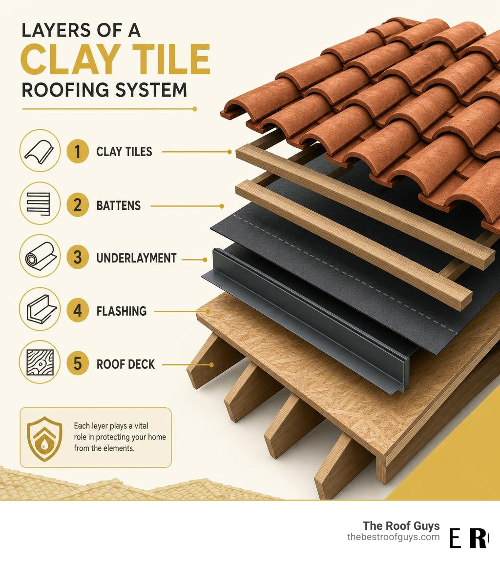 Infographic showing layers of a clay tile roofing system: tiles, battens, underlayment, flashing, and roof deck infographic