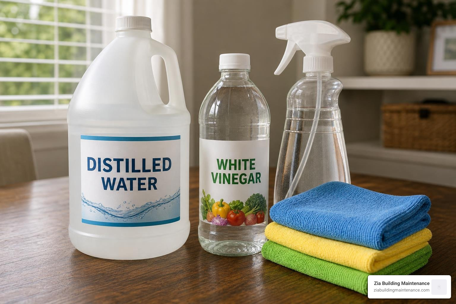 DIY window cleaning supplies with distilled water, vinegar, spray bottle, and microfiber cloths DIY window cleaning supplies with distilled water, vinegar, spray bottle, and microfiber cloths
