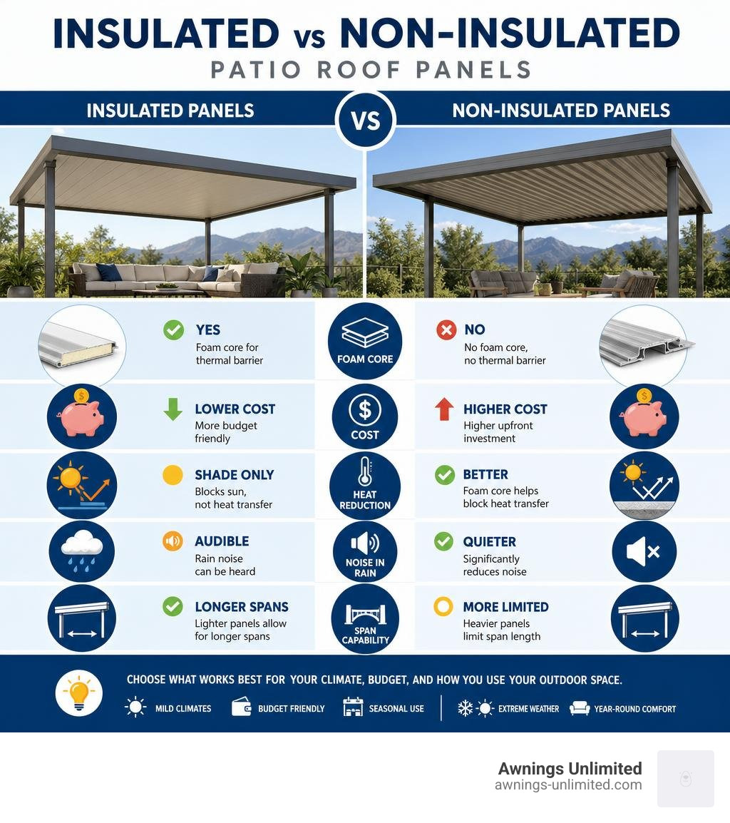 Infographic comparing insulated vs non-insulated patio roof panels: foam core, cost, heat reduction, noise, and span Infographic comparing insulated vs non-insulated patio roof panels: foam core, cost, heat reduction, noise, and span