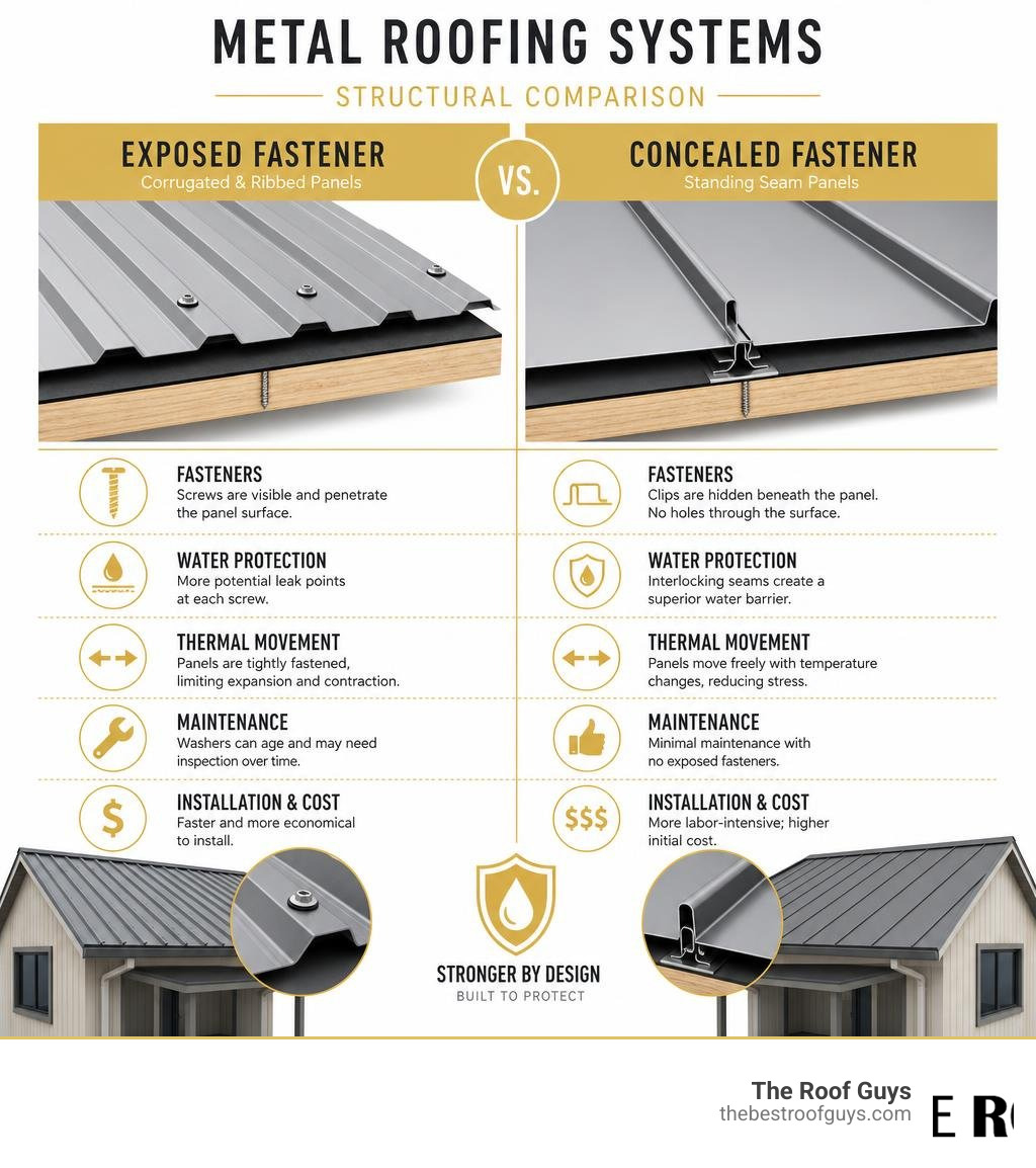 Infographic comparing the structural differences between exposed fastener and concealed fastener (standing seam) metal roofs