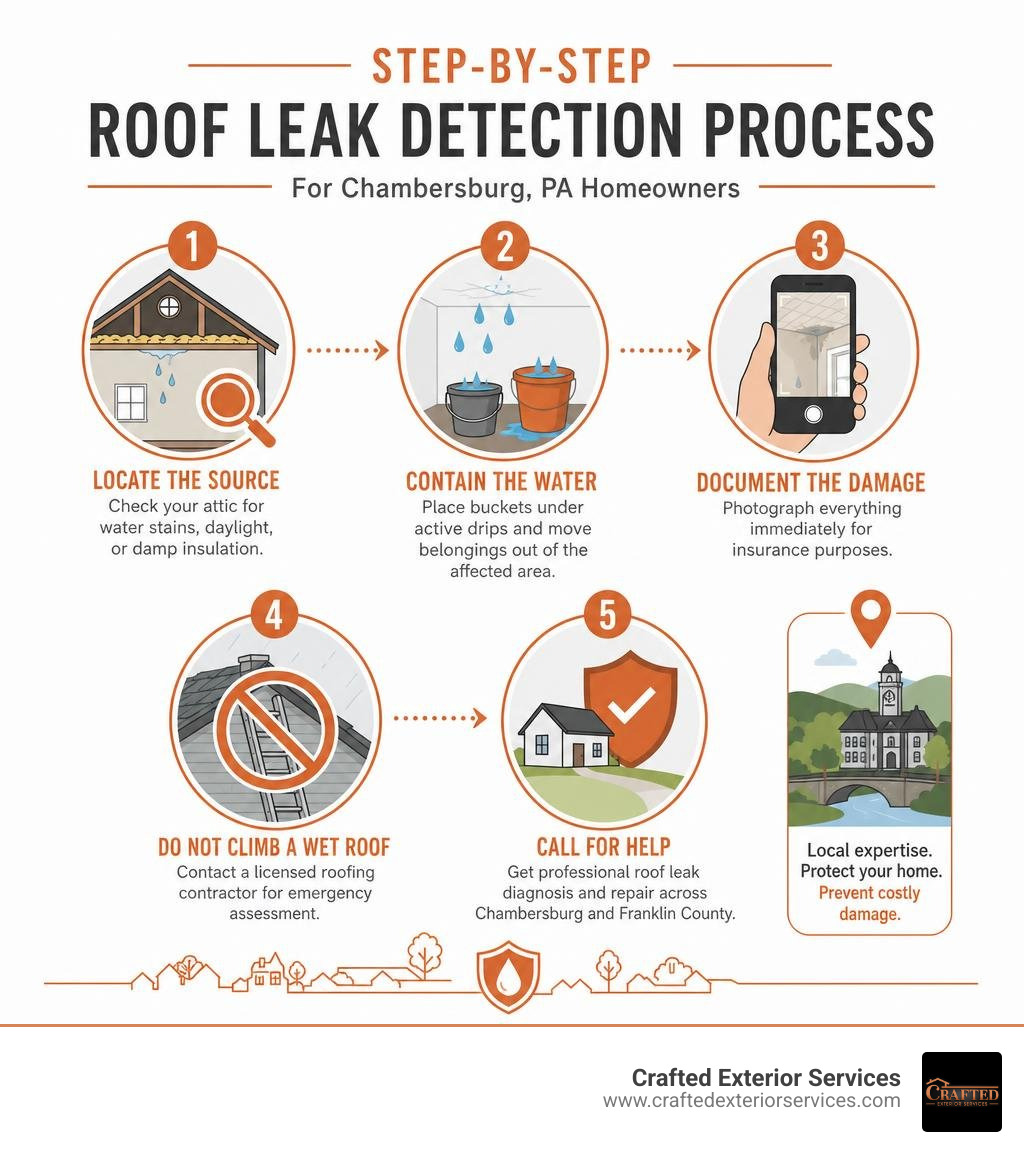 Step-by-step roof leak detection process infographic for Chambersburg PA homeowners infographic