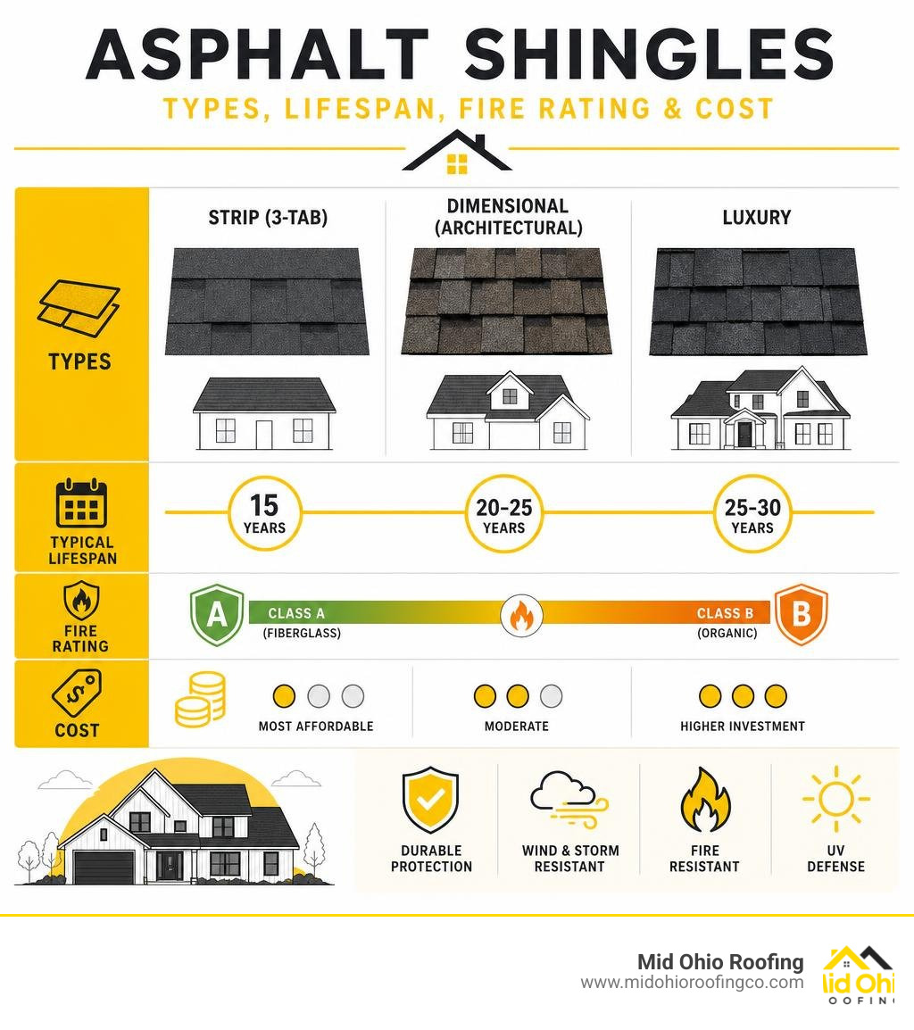 Infographic showing types, lifespan, fire rating, and cost of asphalt shingles infographic Infographic showing types, lifespan, fire rating, and cost of asphalt shingles infographic