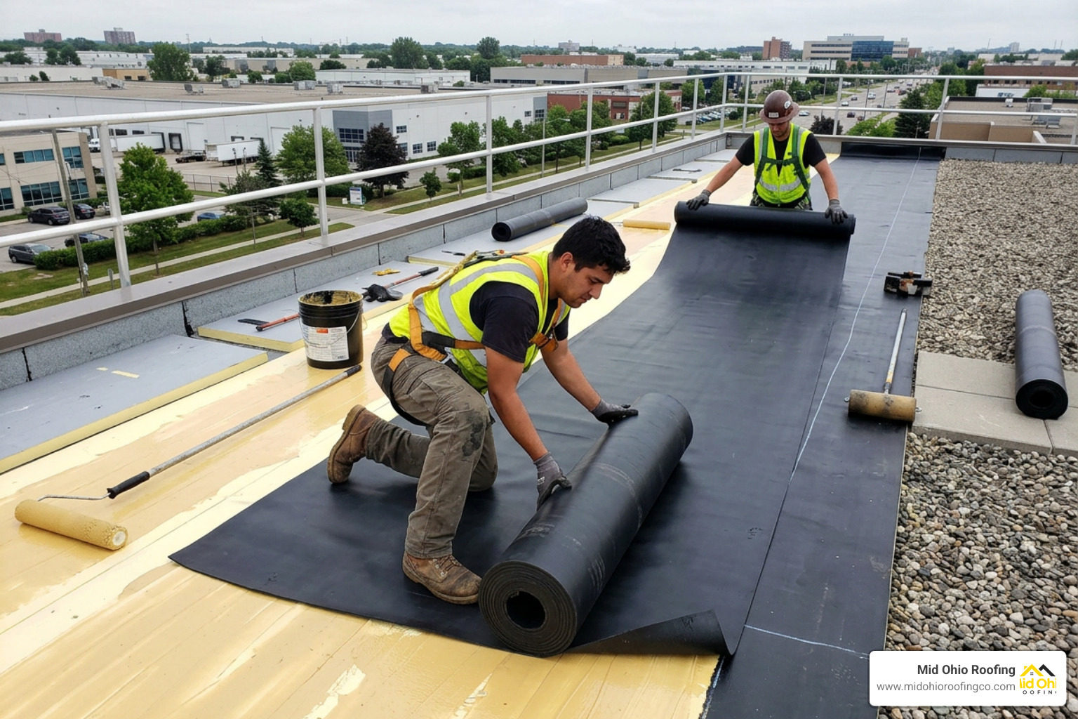 EPDM rubber roof installation showing fully adhered membrane roll out EPDM rubber roof installation showing fully adhered membrane roll out