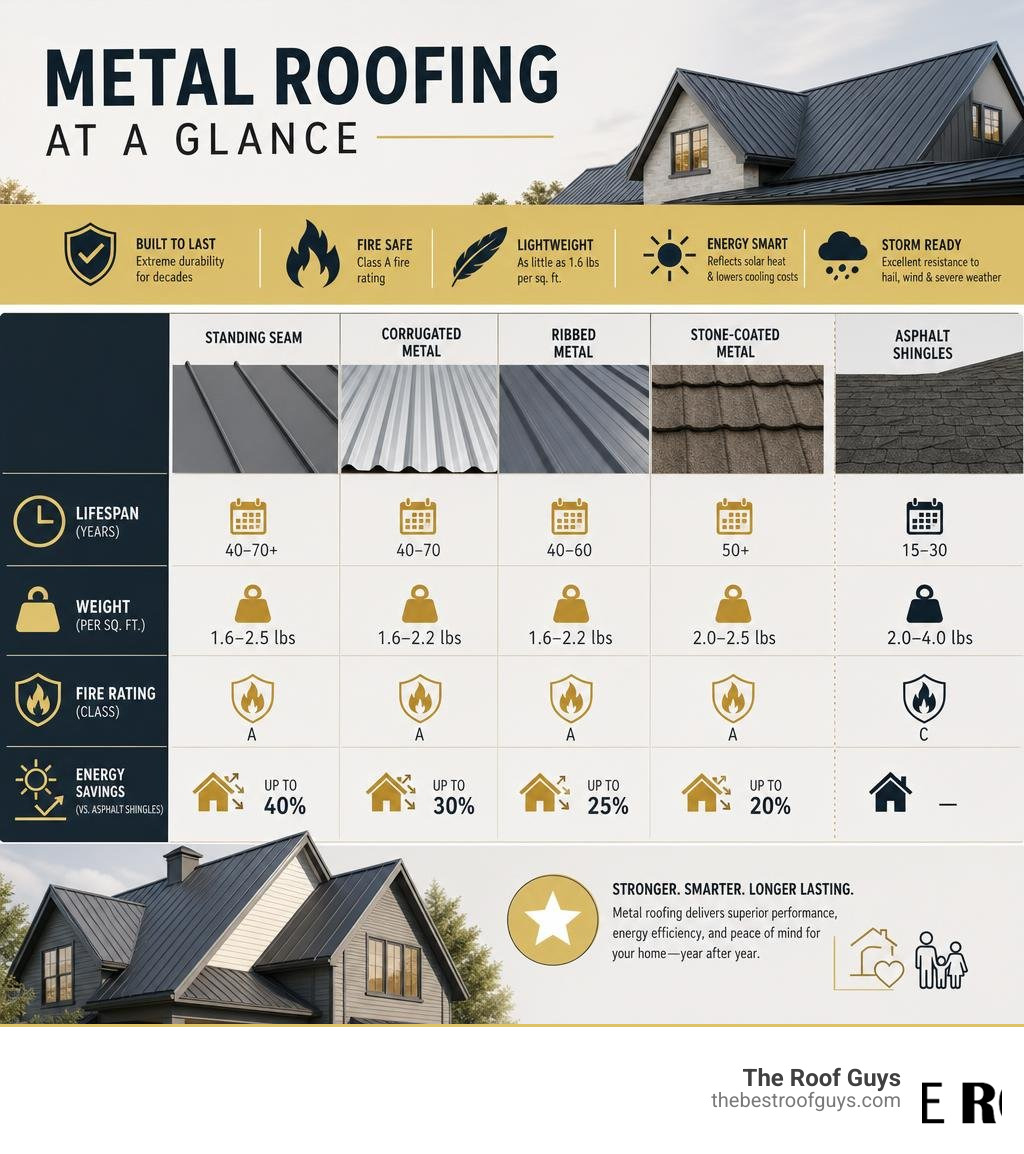 Infographic showing metal roofing types, lifespan, weight, fire rating, and energy savings compared to asphalt shingles