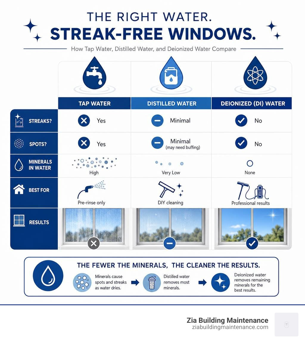 Infographic comparing tap water, distilled water, and deionized water for streak-free window cleaning results infographic Infographic comparing tap water, distilled water, and deionized water for streak-free window cleaning results infographic