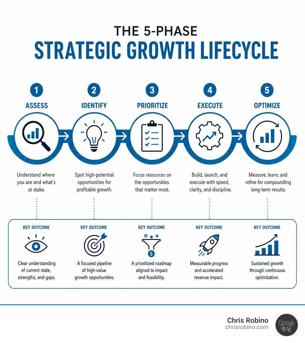 5-phase strategic growth lifecycle: Assess, Identify, Prioritize, Execute, Optimize with key outcomes at each stage