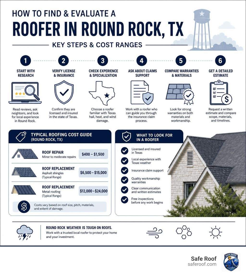 Infographic: How to find and evaluate a roofer in Round Rock TX — key steps and cost ranges infographic