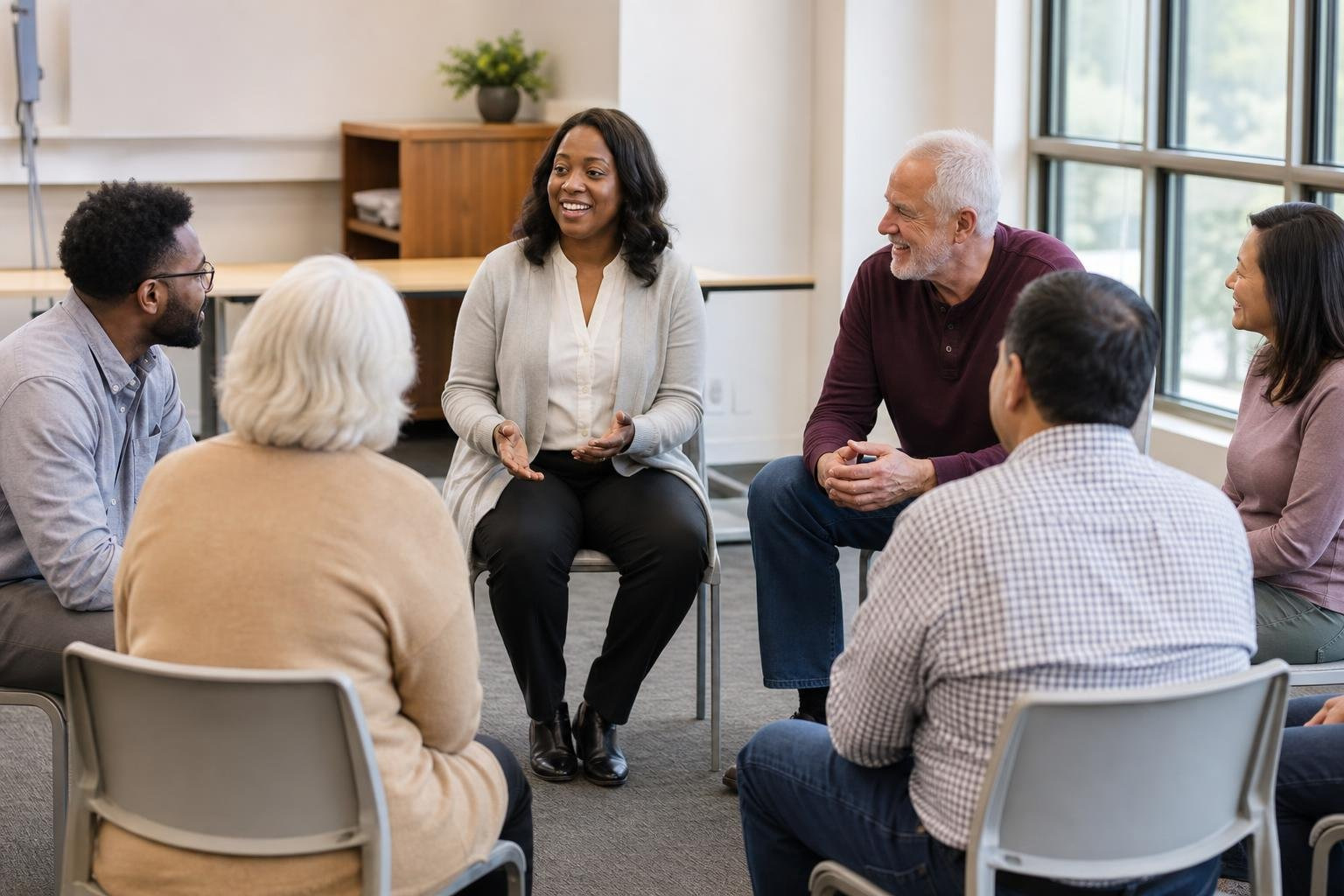 A diverse group of adults sitting in a circle of chairs in a community room, chatting warmly