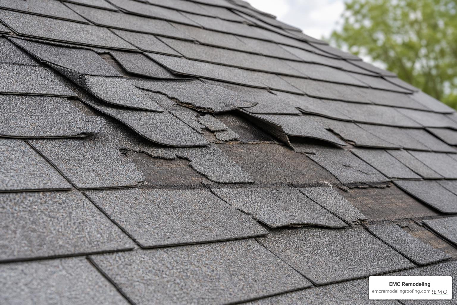 close-up of curling, buckling, and cracked asphalt shingles