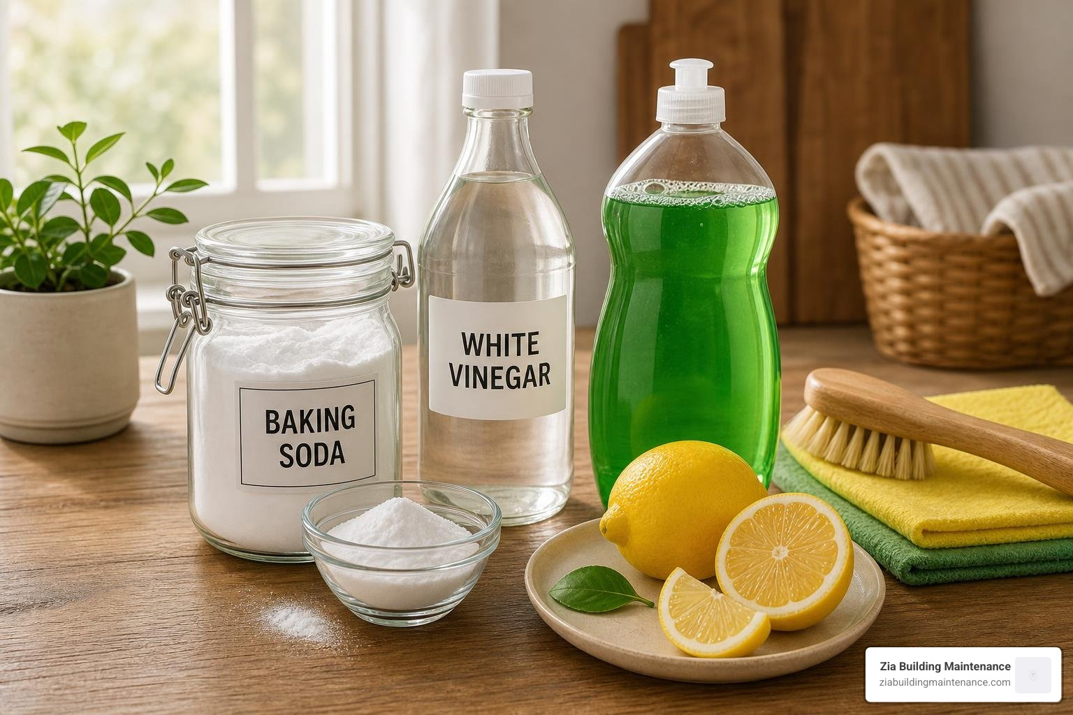 Cleaning supplies including baking soda, white vinegar, lemons, and dish soap on a wooden table Cleaning supplies including baking soda, white vinegar, lemons, and dish soap on a wooden table