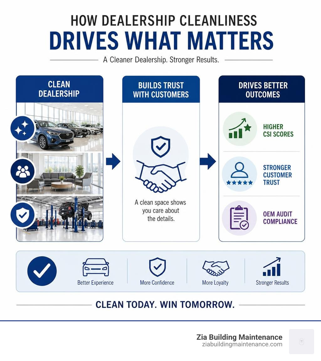 Infographic showing how dealership cleanliness impacts customer trust, CSI scores, and OEM audit compliance infographic Infographic showing how dealership cleanliness impacts customer trust, CSI scores, and OEM audit compliance infographic