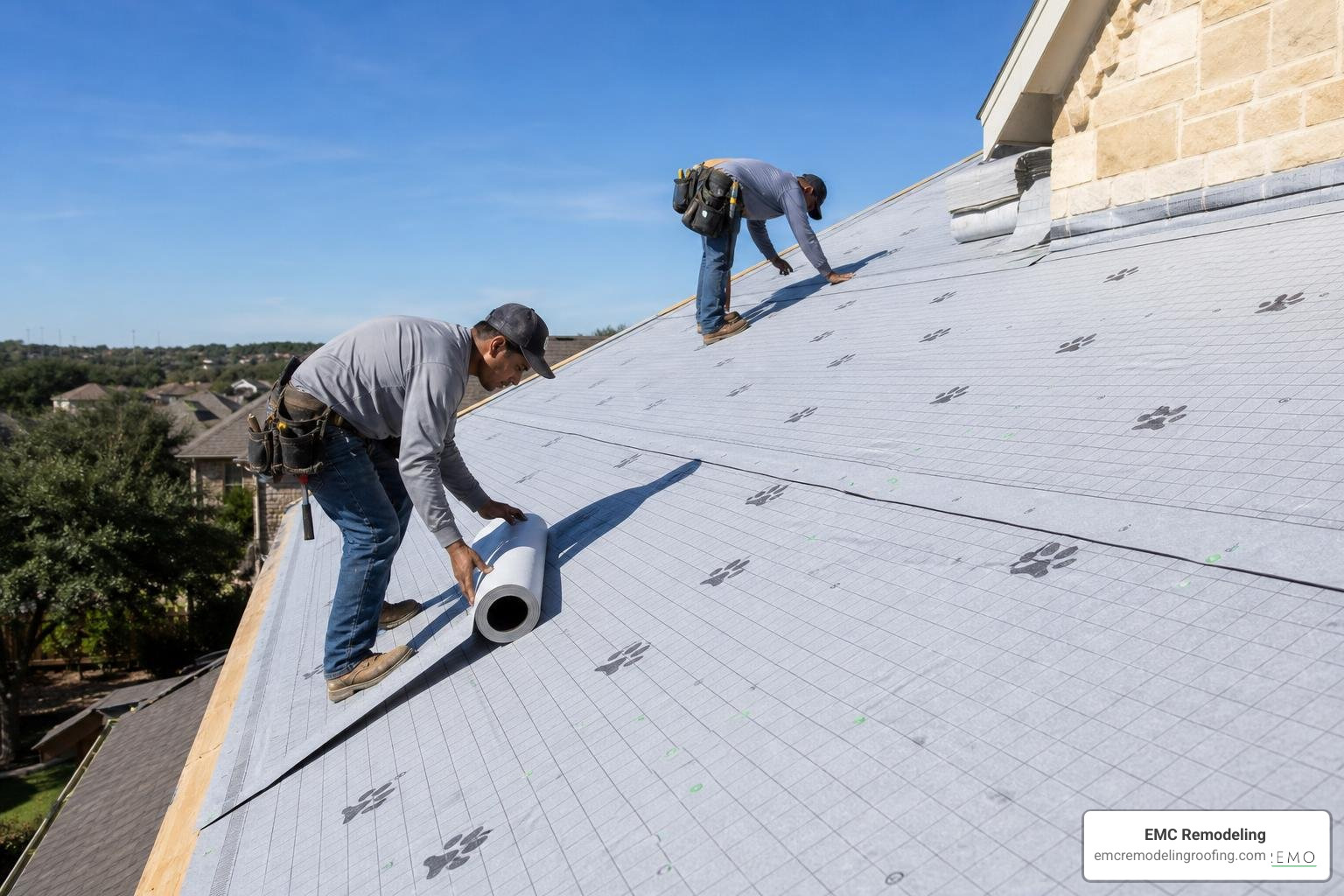Professional roofers installing synthetic underlayment on a Georgetown TX home