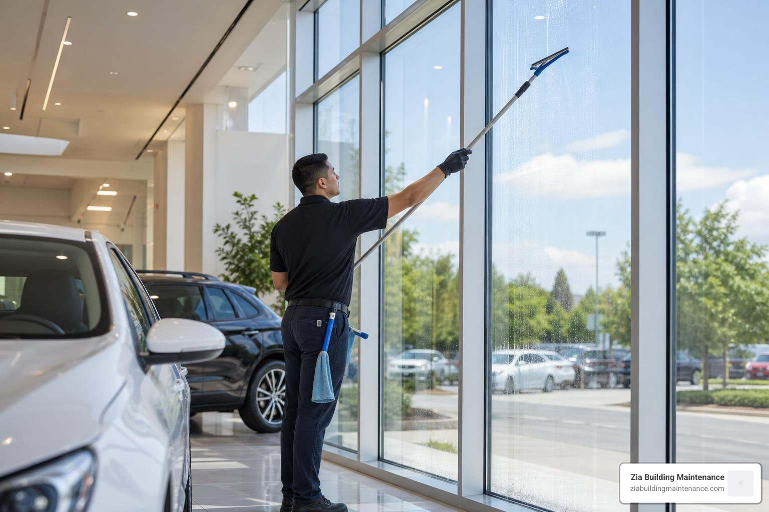 A professional cleaning technician using a squeegee to clean massive showroom glass windows A professional cleaning technician using a squeegee to clean massive showroom glass windows