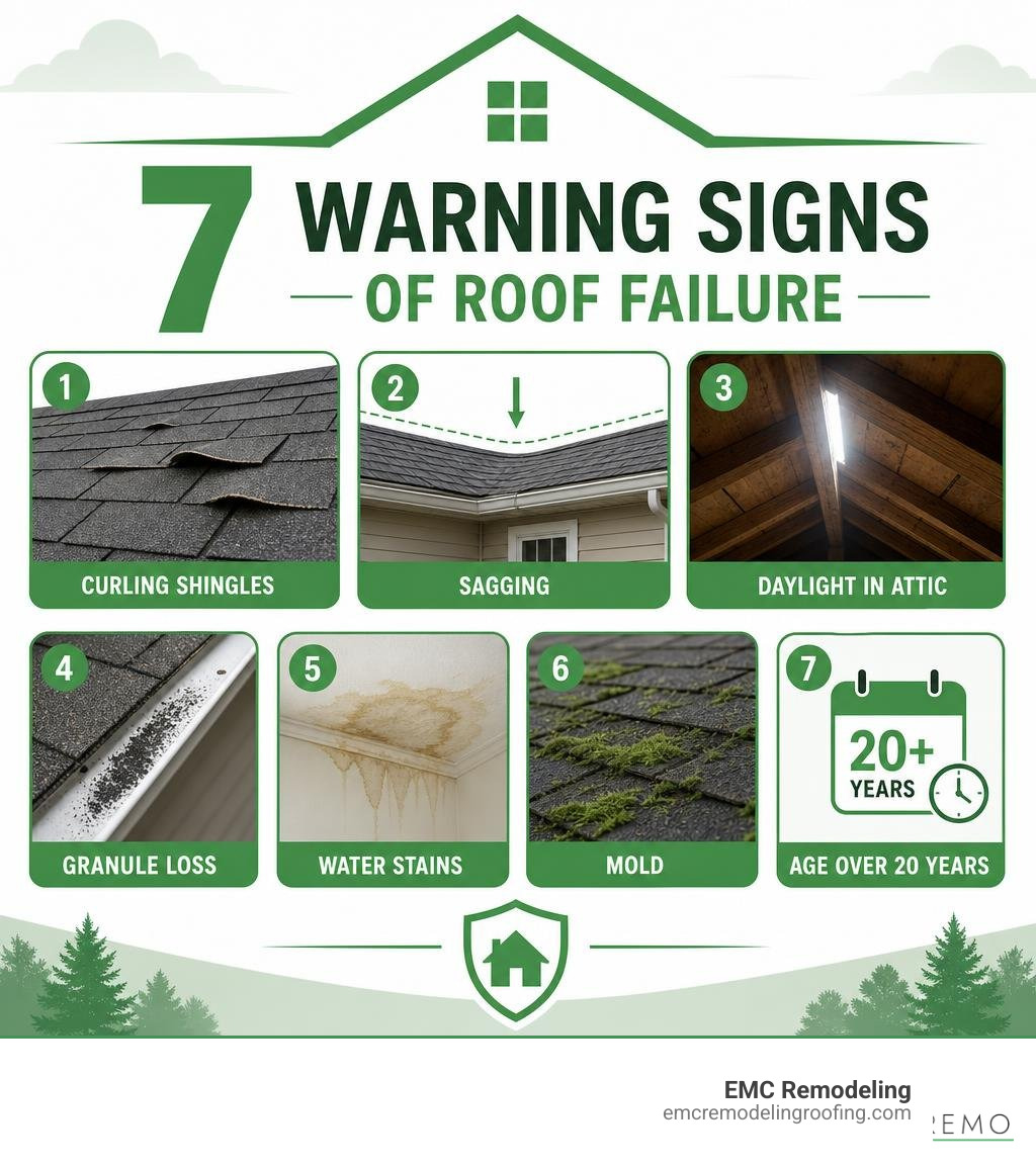 7 warning signs of roof failure: curling shingles, sagging, daylight in attic, granule loss, water stains, mold, age over 20