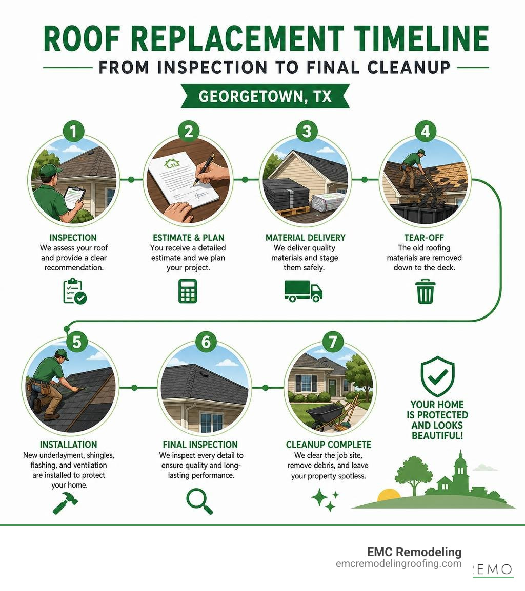Step-by-step roof replacement timeline from inspection to final cleanup in Georgetown TX infographic