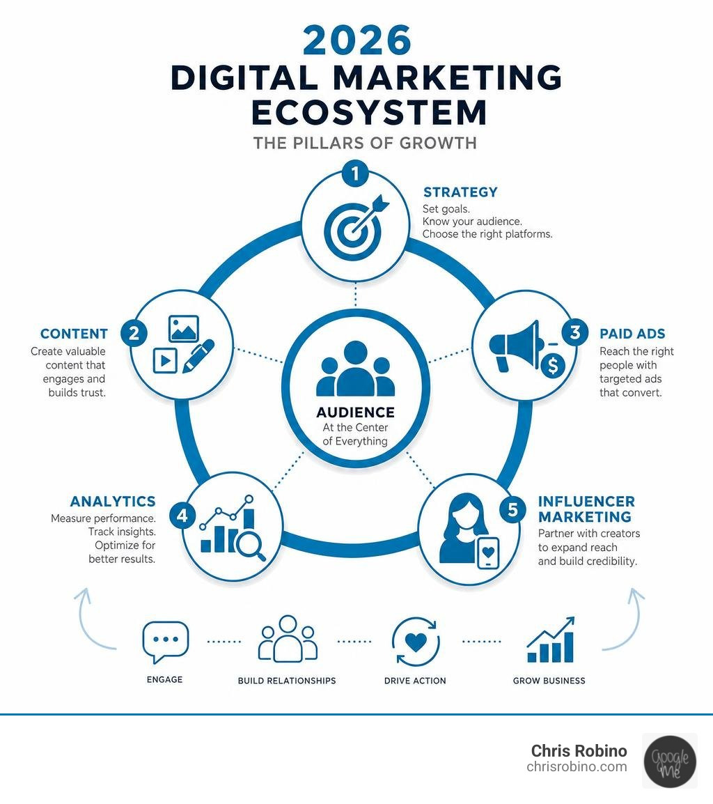 2026 digital marketing ecosystem infographic showing pillars of social media strategy, content, paid ads, analytics, and 2026 digital marketing ecosystem infographic showing pillars of social media strategy, content, paid ads, analytics, and