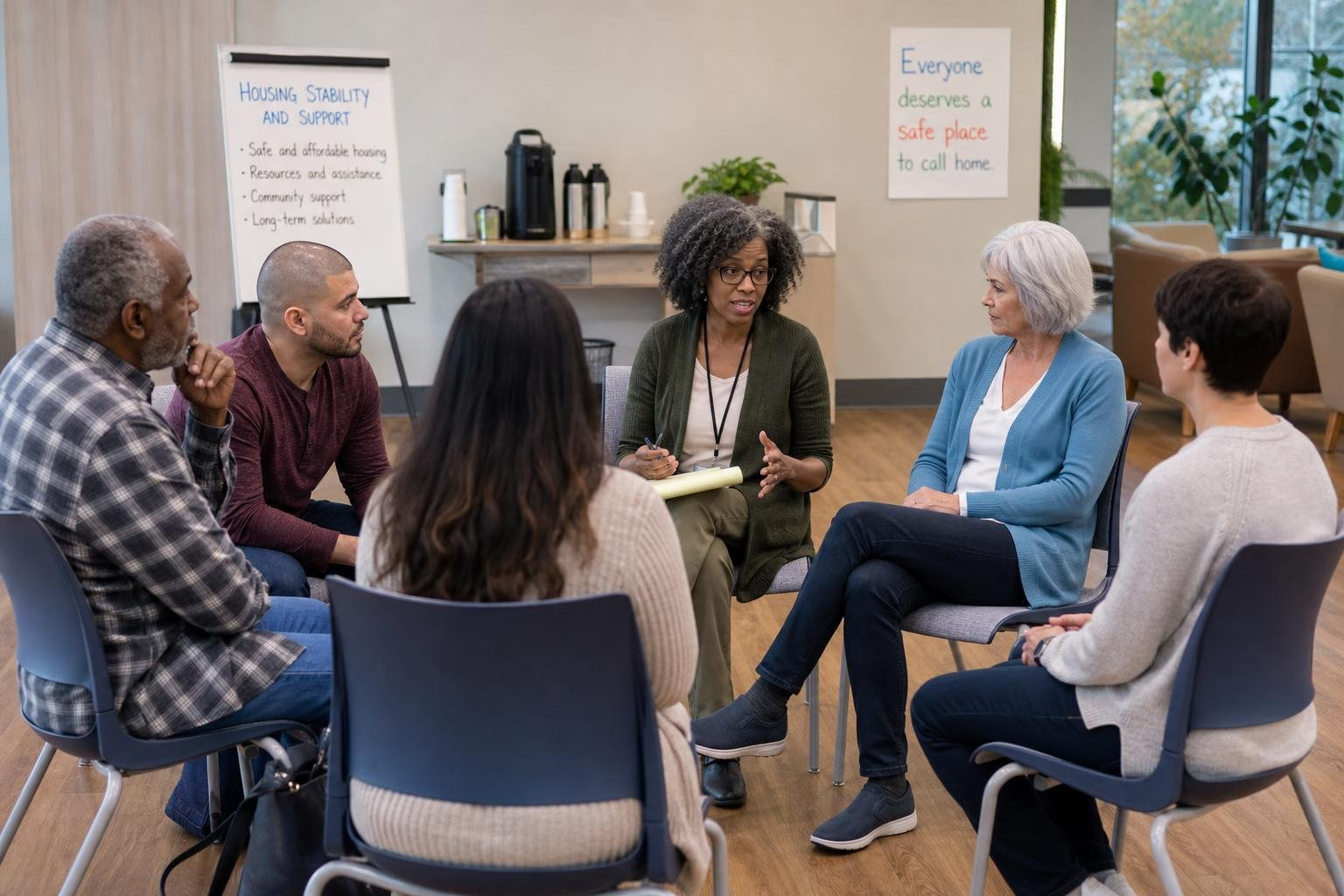 Adults sitting in a circle of chairs chatting about housing stability and support